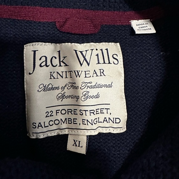 Jack Wills Men’s Wool XL Navy Blue Shawl Collar Pullover Sweater W/ Elbow Patch. - Picture 2 of 11